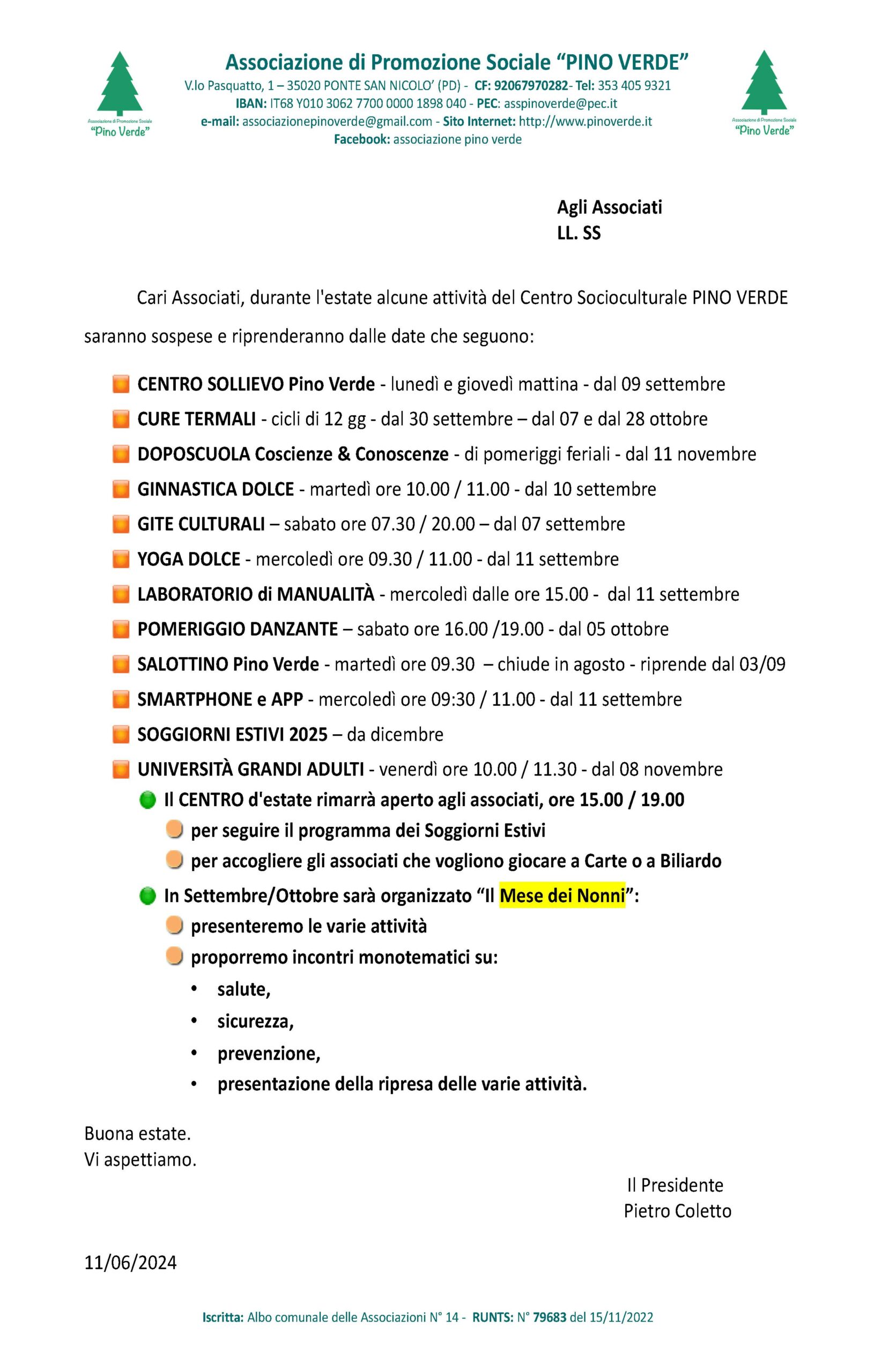 Ripresa varie attività da settembre 2024 e iniziative estive